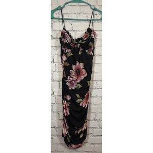 Rue 21 Medium Floral Print Bodycon‎ Dress Ruched Sleeveless Black Dress